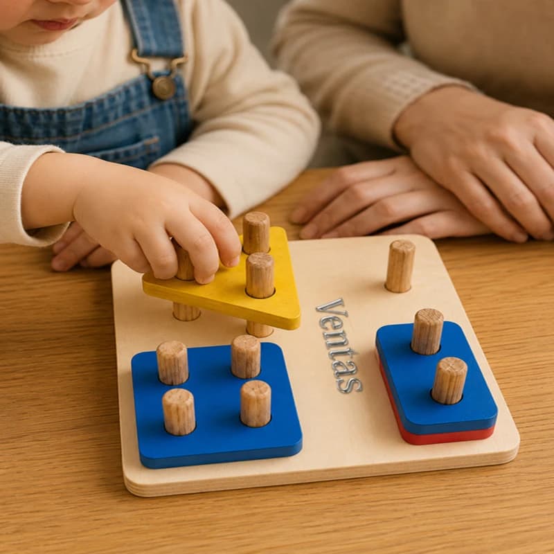 Child playing with VENTAS wooden shape matching board